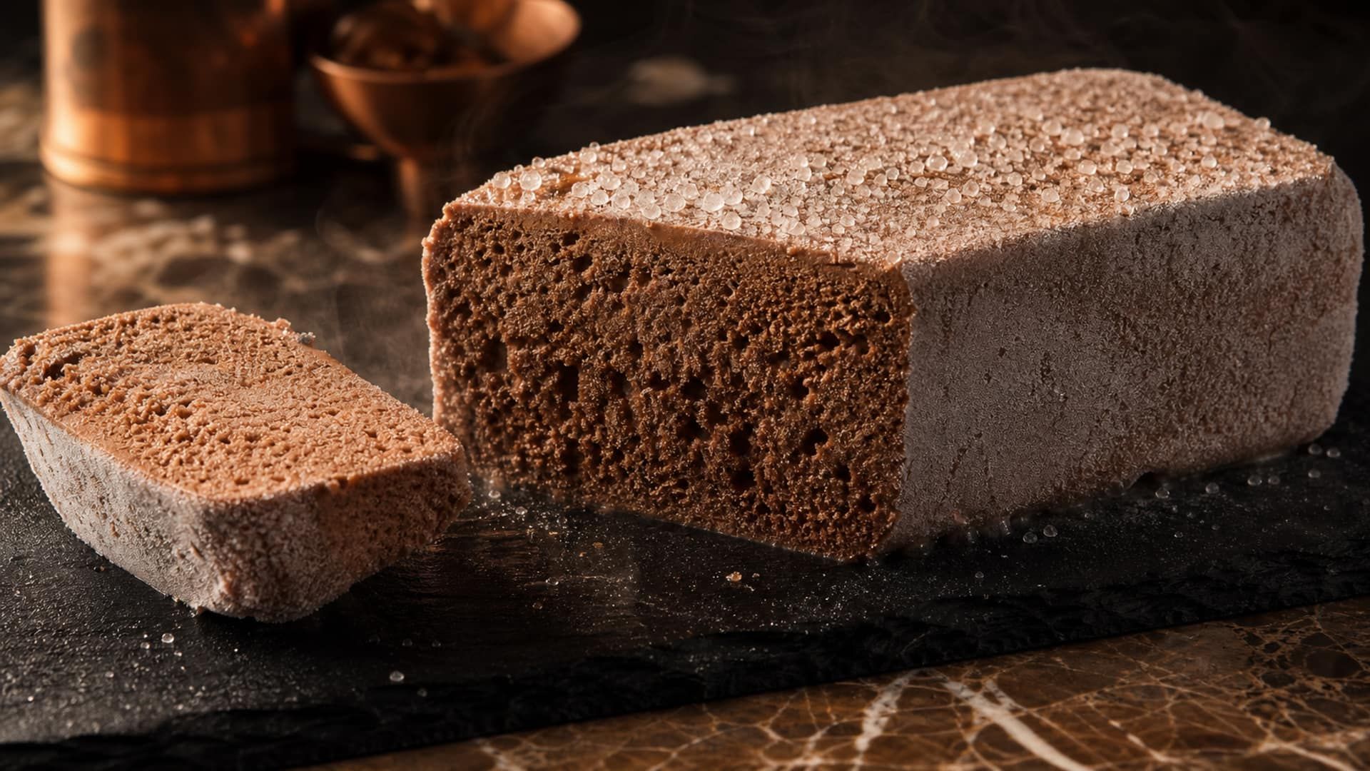 A frost-dusted frozen aerated confection with fine sparkling sugar crystals.