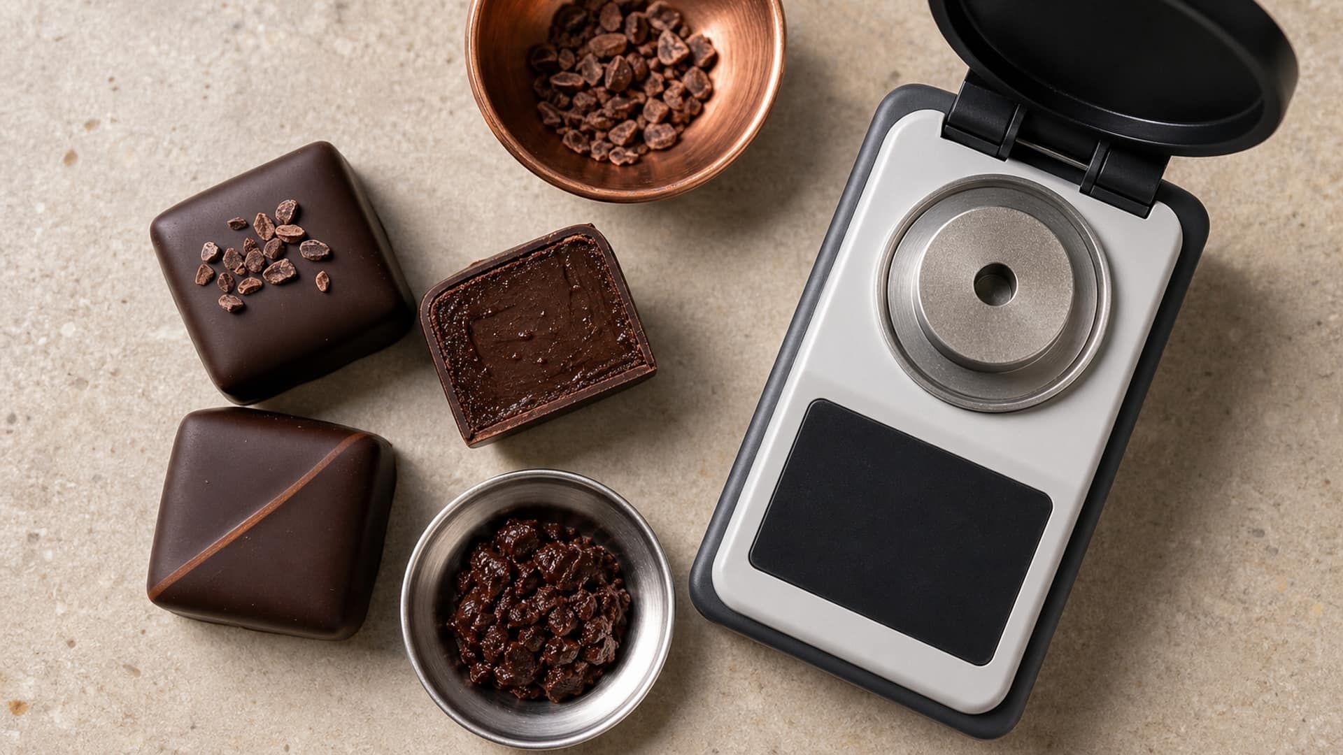 Halved filled chocolates showing ganache centres beside a copper bowl and a probe.