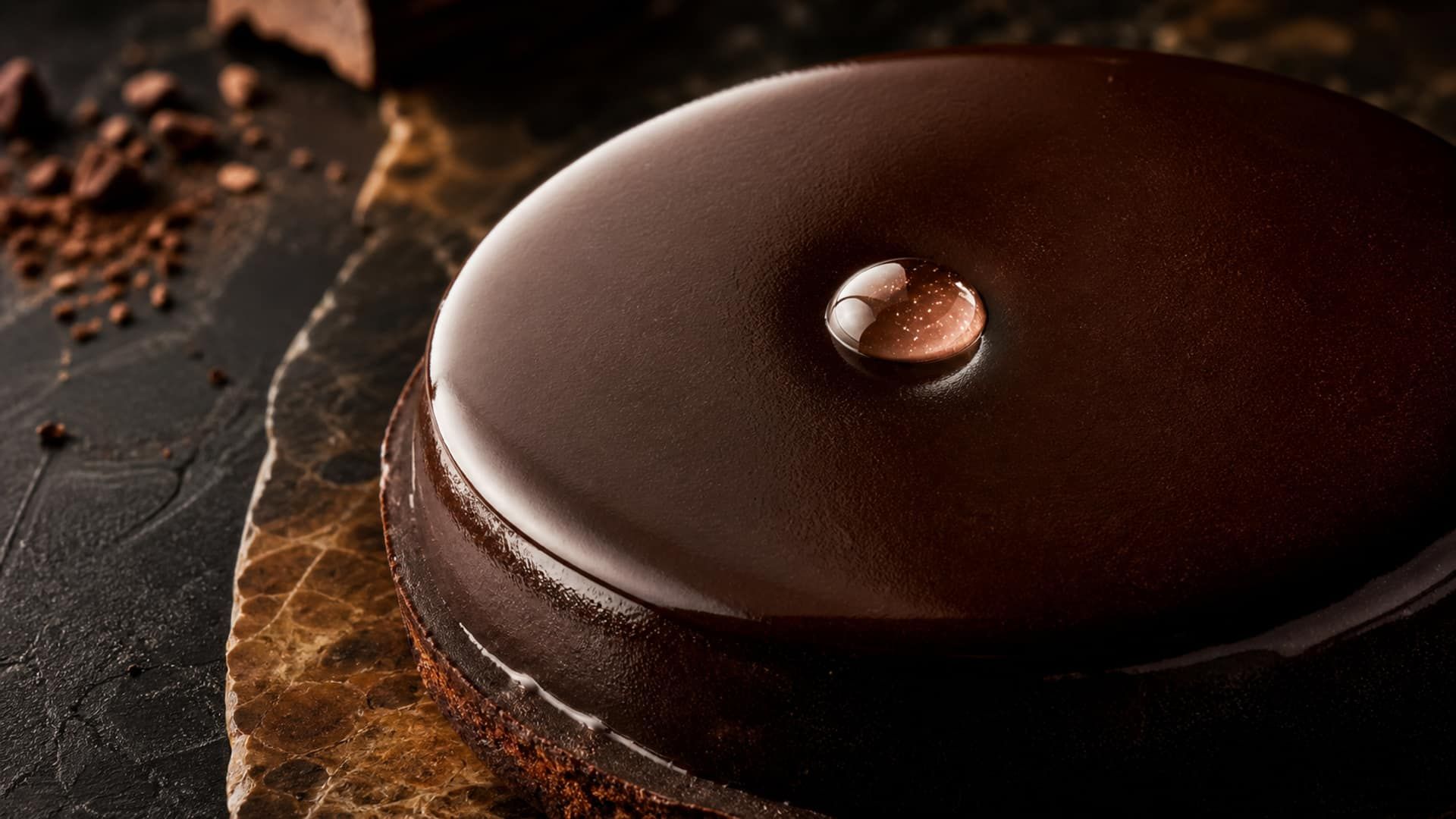 Macro of a glossy dark ganache surface with a single water droplet.