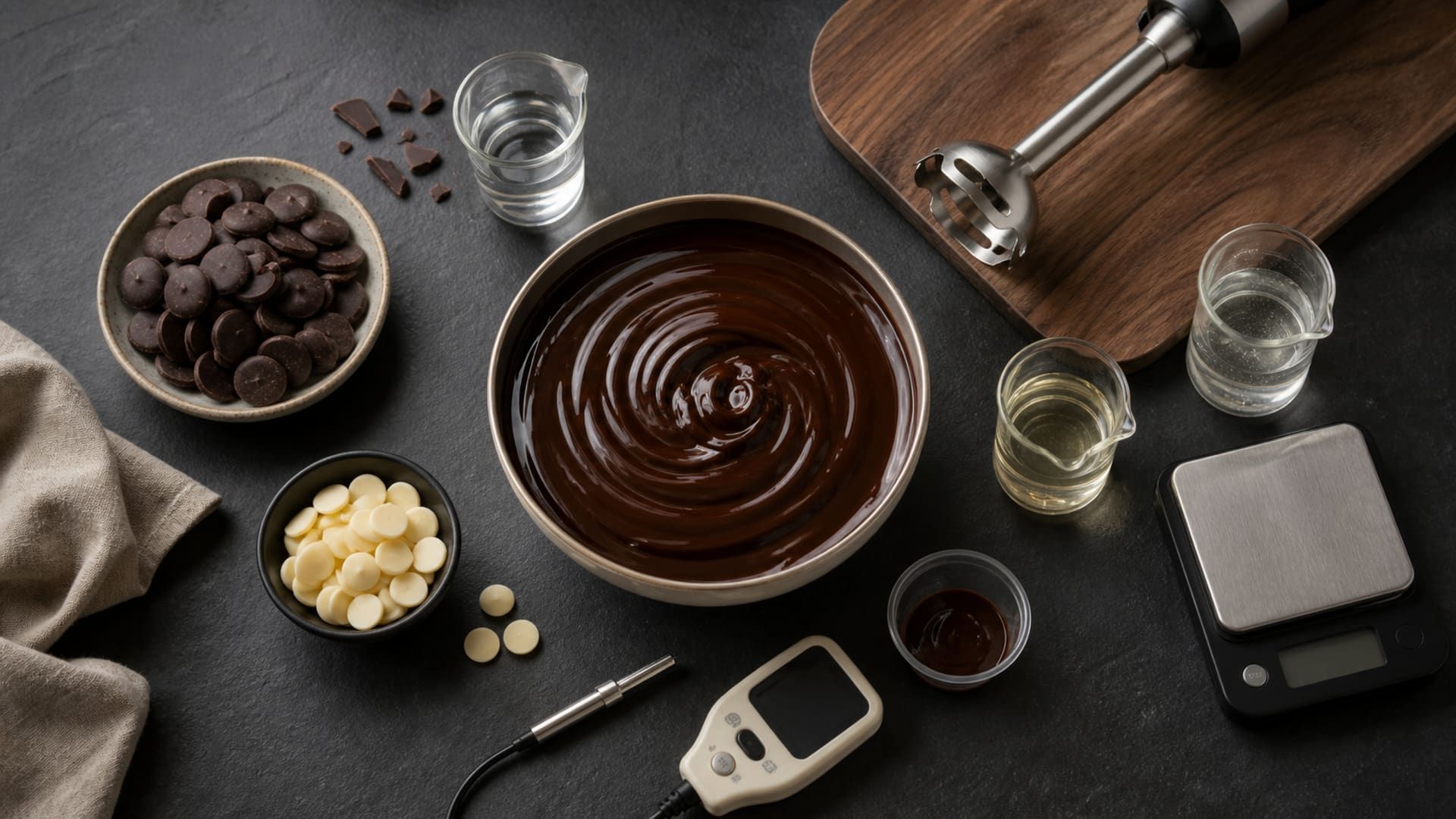 Dark water ganache ingredients arranged for precise weighing and emulsification